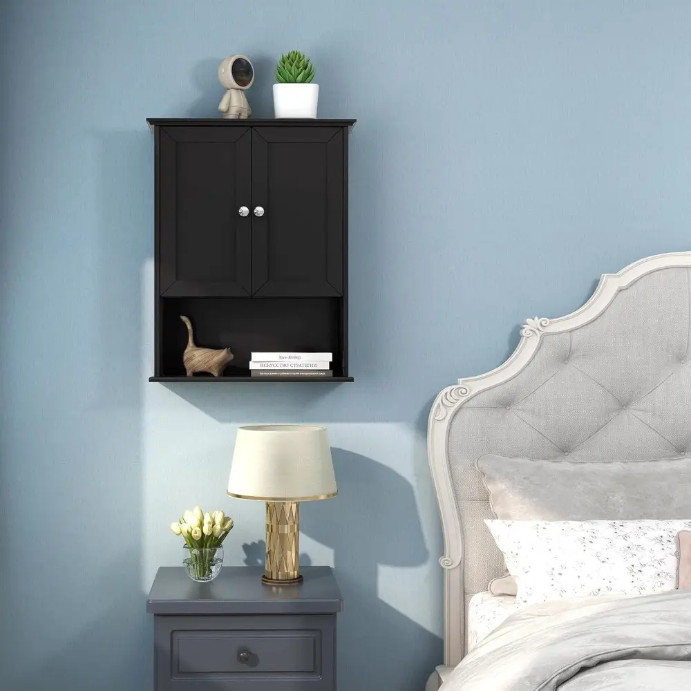 Black Wall Cabinet 24x30 Inch Wooden Over The Toilet Storage Cabinets with 2 Doors, Above Toilet Storage Medicine Cabinets for B
