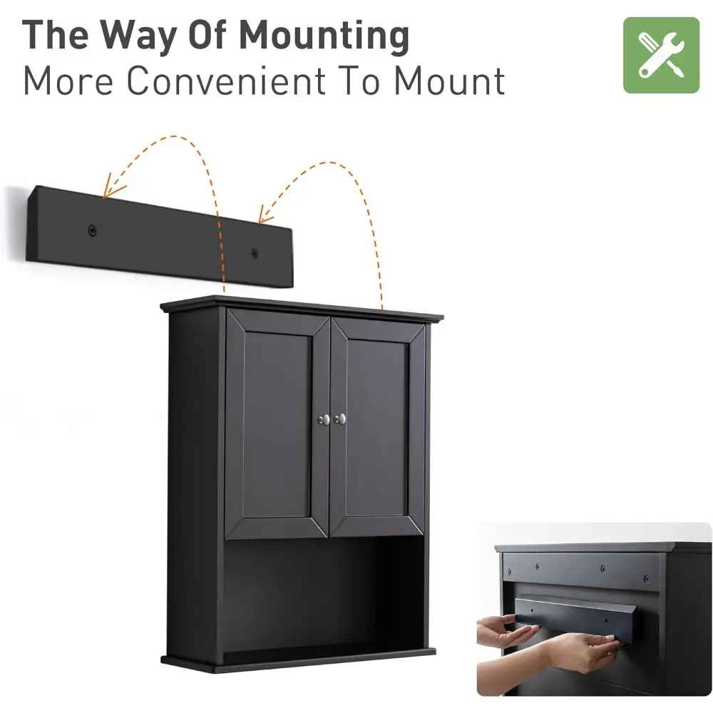 Black Wall Cabinet 24x30 Inch Wooden Over The Toilet Storage Cabinets with 2 Doors, Above Toilet Storage Medicine Cabinets for B