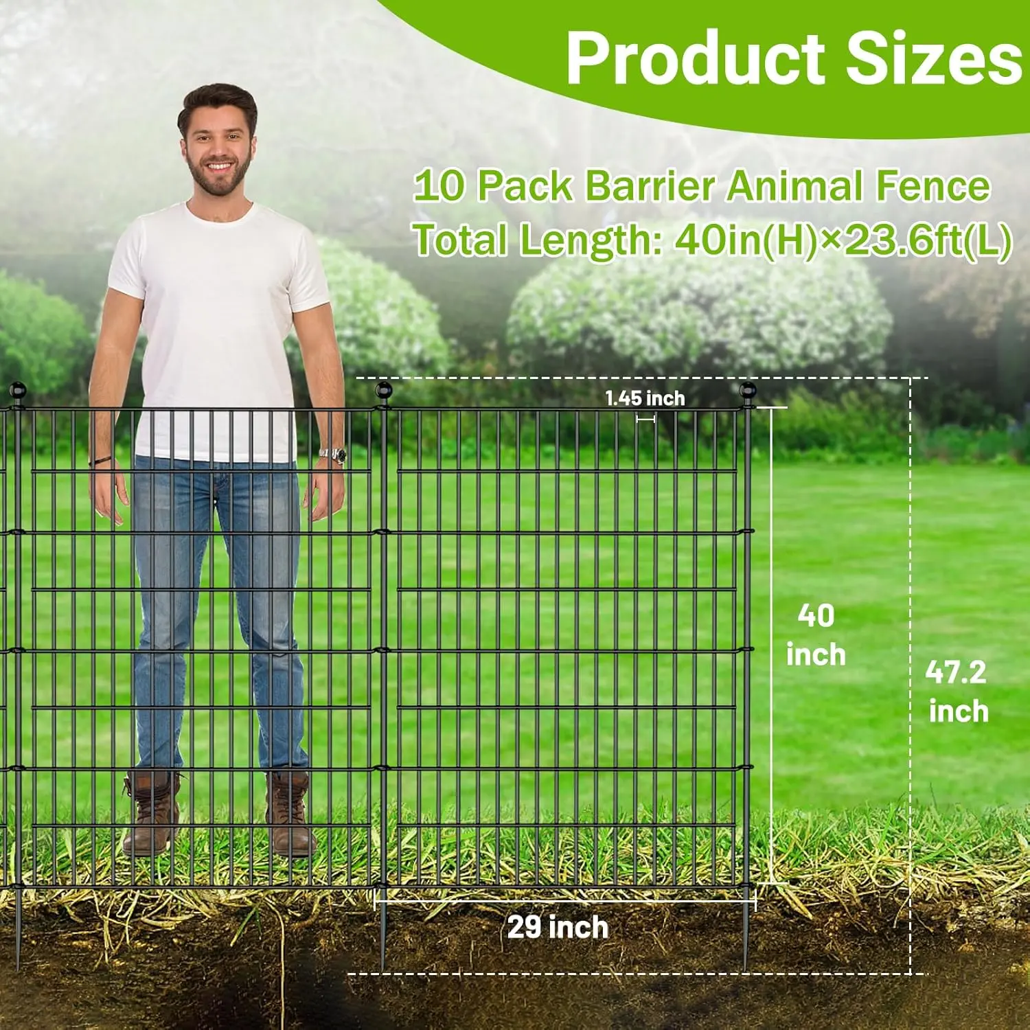 10 Panels No Dig Decorative Outdoor Garden Fence with Gate for Yard, 40 in(H) X 23.6 ft(L) Animal Barrier Fencing Rustproof