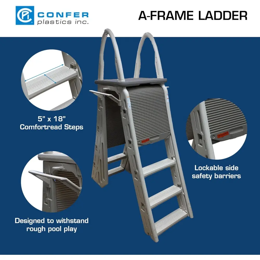 7200 Roll Guard 48" to 56" Adjustable A Frame Safety Above Ground Outdoor Patio Swimming Pool Platform Ladder with Step Barrier