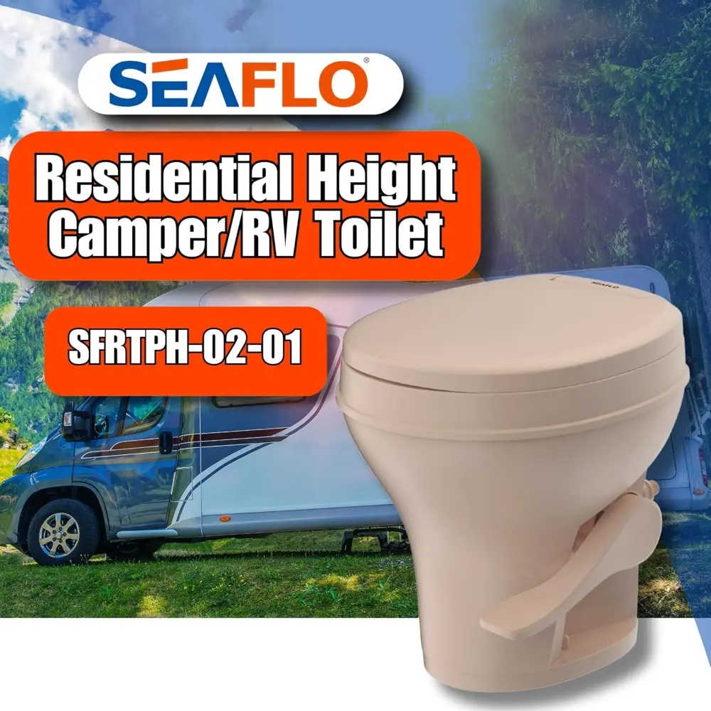 Residential Height Camper/RV Toilet, 18.5” Standard Height, Gravity Flush System, Foot Pedal Operation, Soft Close Seat, Easy-t