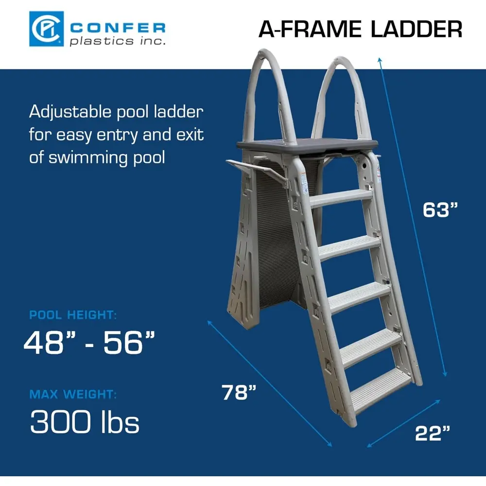 7200 Roll Guard 48" to 56" Adjustable A Frame Safety Above Ground Outdoor Patio Swimming Pool Platform Ladder with Step Barrier