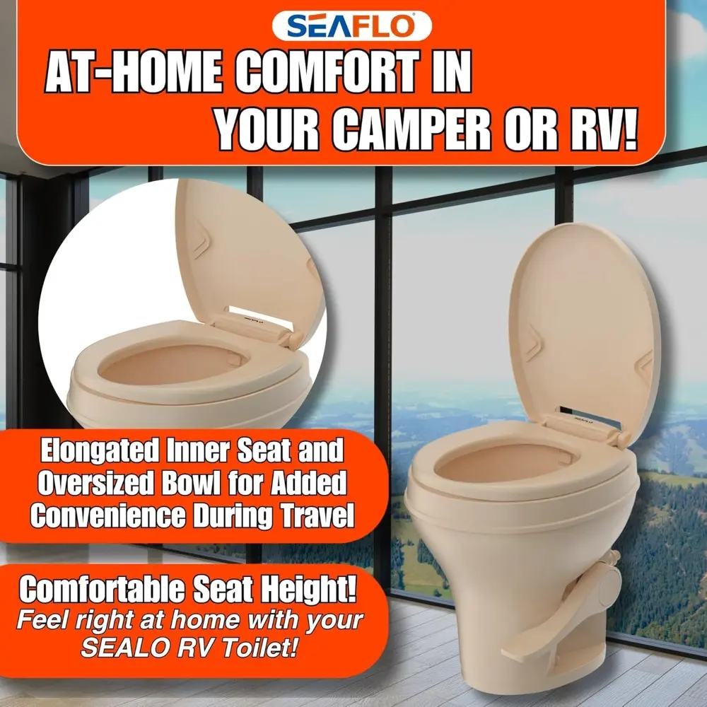 Residential Height Camper/RV Toilet, 18.5” Standard Height, Gravity Flush System, Foot Pedal Operation, Soft Close Seat, Easy-t