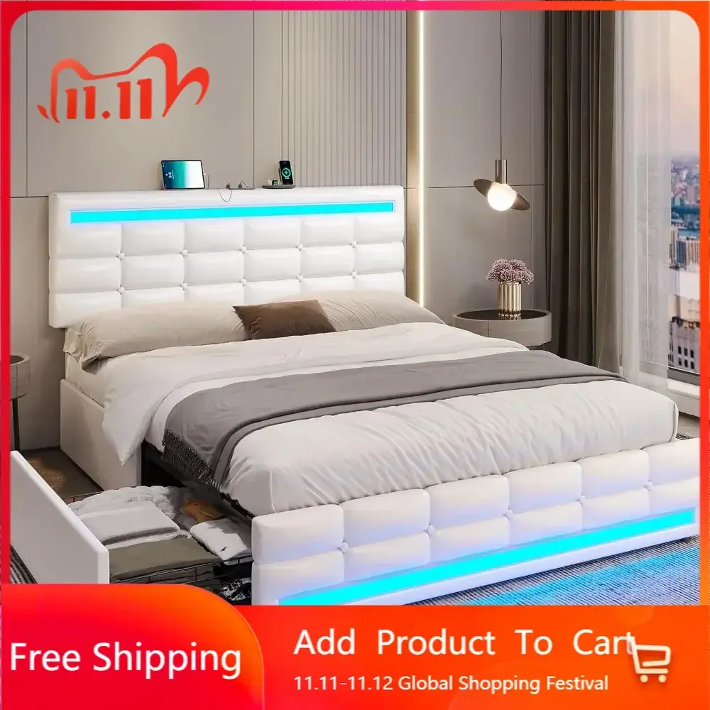 ADORNEVE Queen Bed Frame with Drawers, LED Bed Frame with Charging Station, Pu Leather Platform Bed Frame Queen Size with Storag