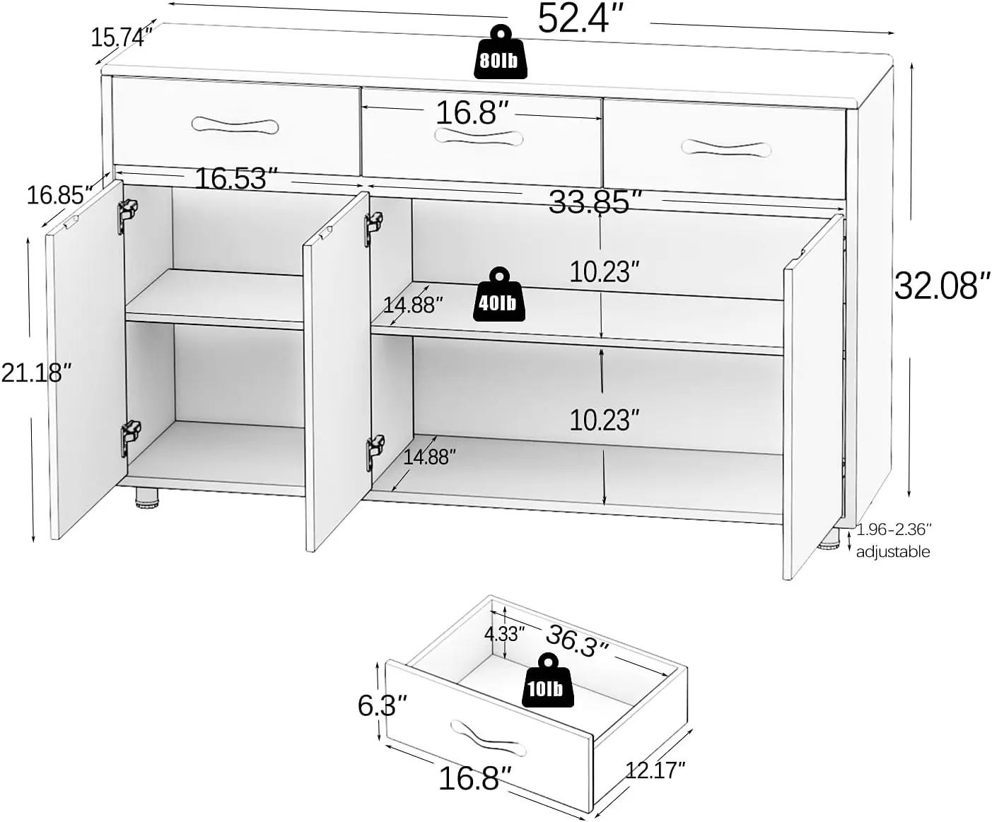 Buffet Kitchen Cabinet Storage Sideboard Cabinet Cupboard Sideboard Buffet Kitchen Room (Grey-3 Doors and 3 Drawers)