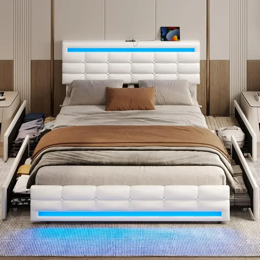 ADORNEVE Queen Bed Frame with Drawers, LED Bed Frame with Charging Station, Pu Leather Platform Bed Frame Queen Size with Storag