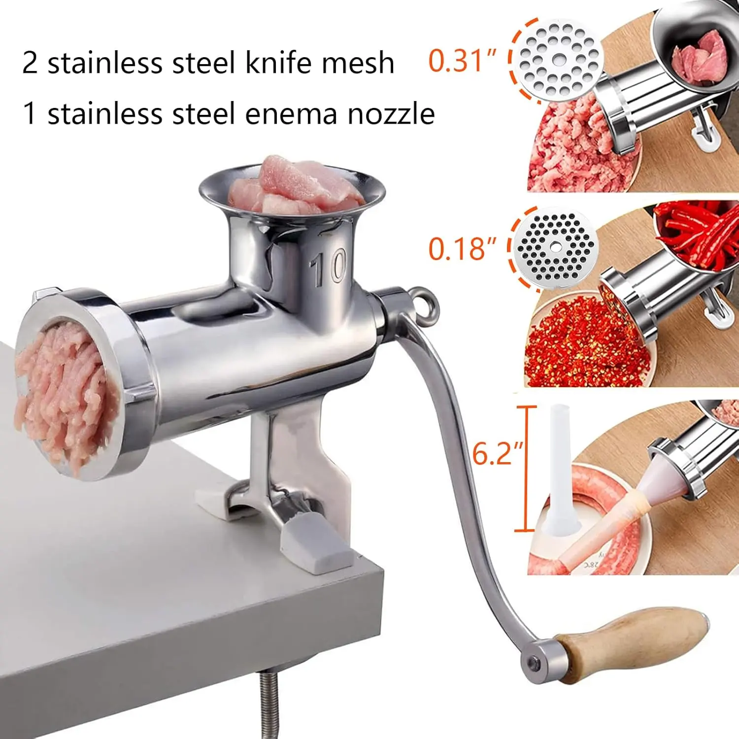 304 Stainless Steel Heavy Duty Manual Meat Grinder #10 Clamp-on Hand Grinder With 420 Stainless Steel Blade (10#)