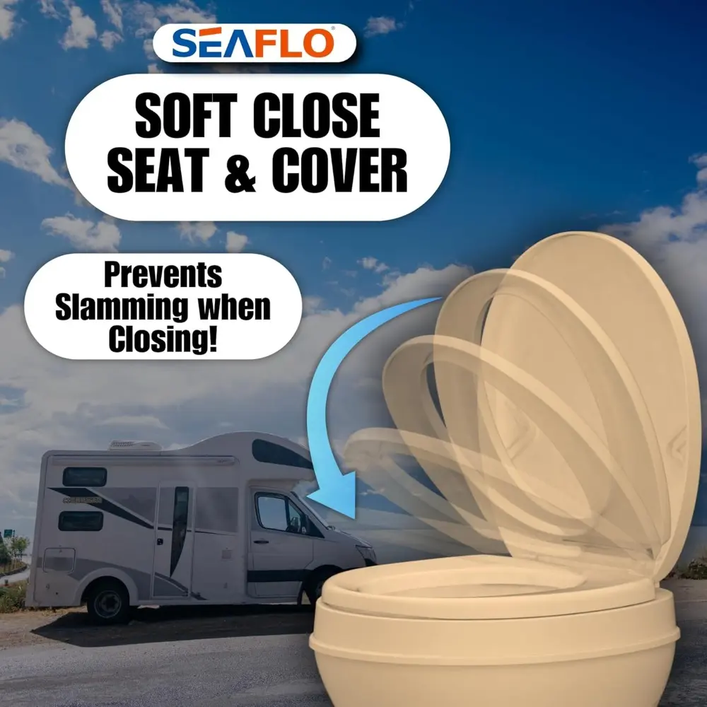 Residential Height Camper/RV Toilet, 18.5” Standard Height, Gravity Flush System, Foot Pedal Operation, Soft Close Seat, Easy-t