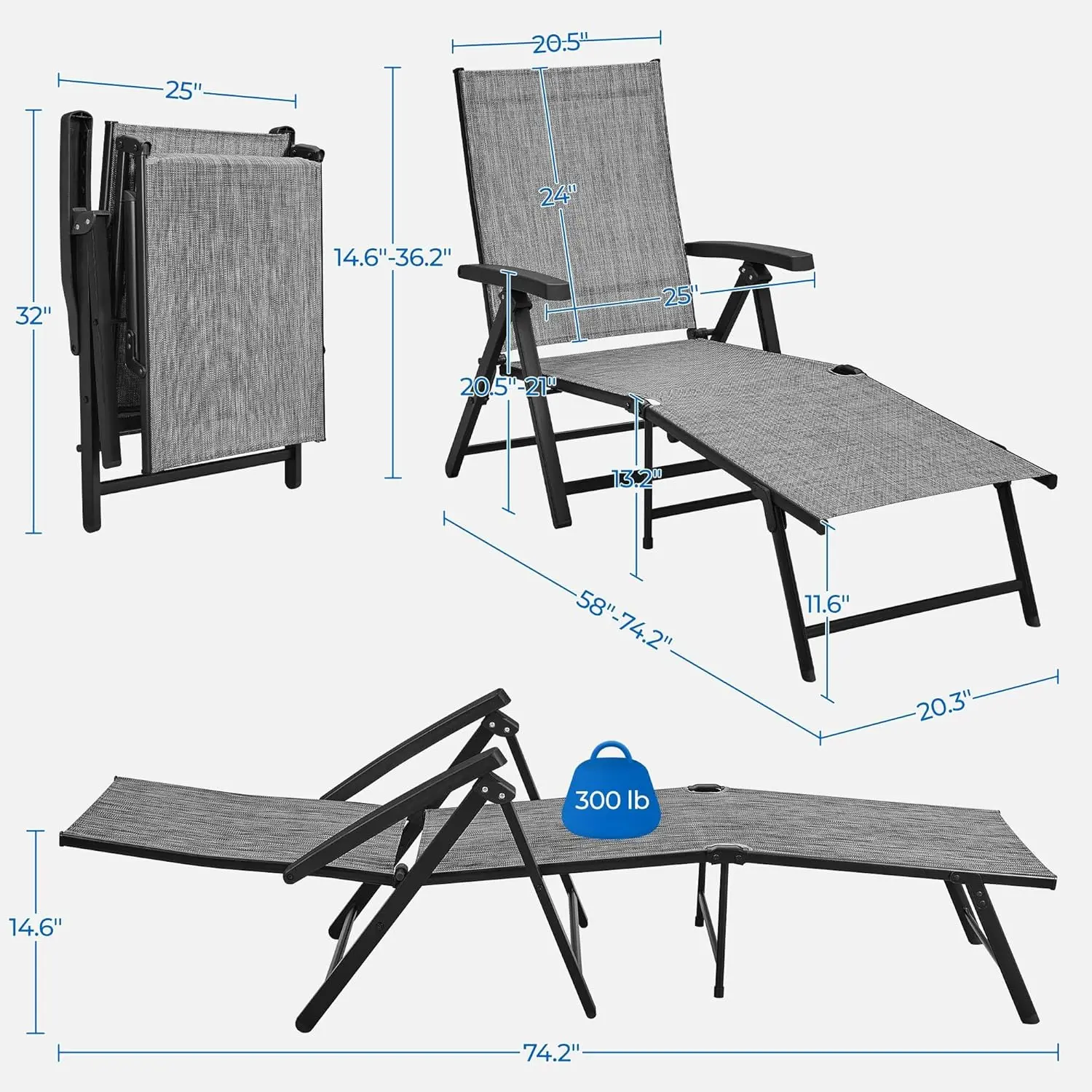 Outdoor Folding Chaise Lounge Set of 2 Patio Reclining Chairs w/Adjustable 7-Position Back for Beach Pool Garden Yard Deck Gray