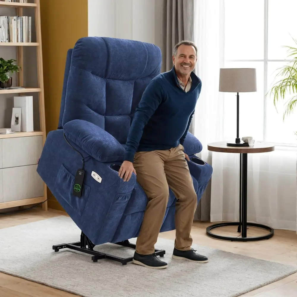 Power Lift Recliner Chair with Extended Footrest for Elderly People, Fabric 7287 (Navy Blue, Medium)