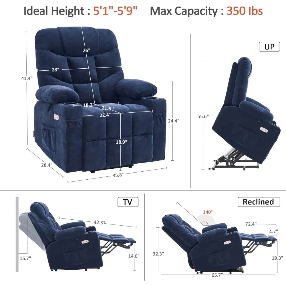 Power Lift Recliner Chair with Extended Footrest for Elderly People, Fabric 7287 (Navy Blue, Medium)