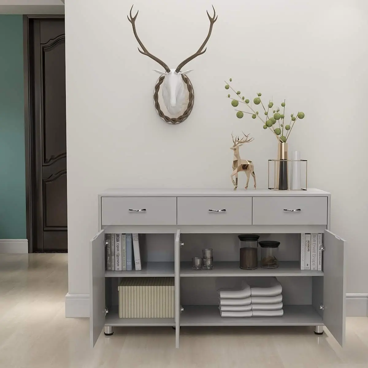 Buffet Kitchen Cabinet Storage Sideboard Cabinet Cupboard Sideboard Buffet Kitchen Room (Grey-3 Doors and 3 Drawers)