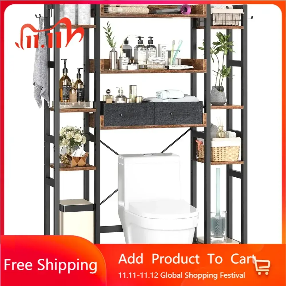 Over The Toilet Storage with 2 Drawers - 11 Tier Bathroom Organizer Freestanding Space Saver Storage Rack with Adjustable Shelf