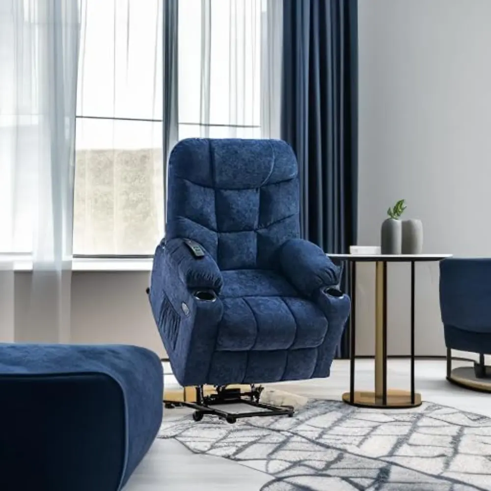 Power Lift Recliner Chair with Extended Footrest for Elderly People, Fabric 7287 (Navy Blue, Medium)