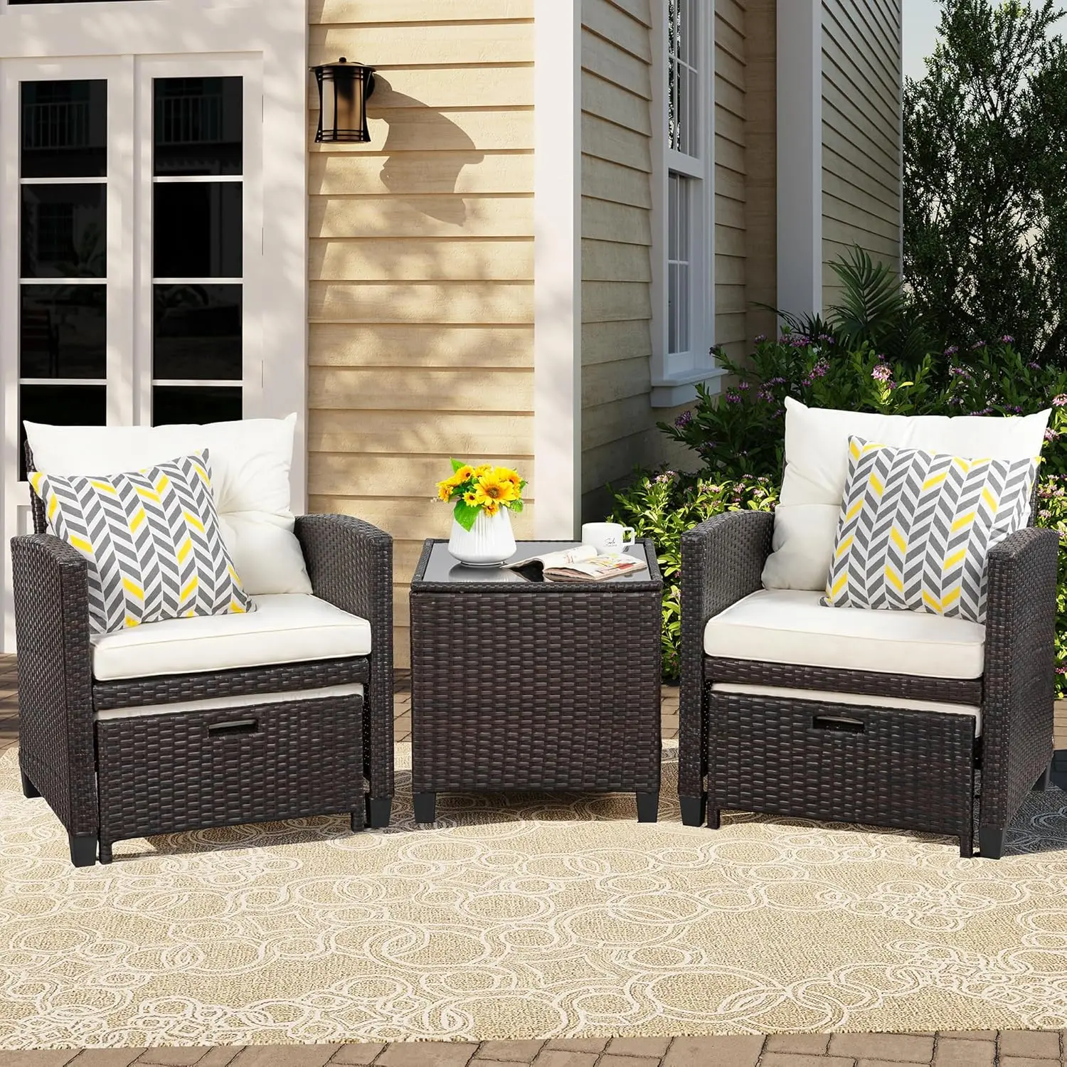 5 Piece Patio Furniture Set, Small Balcony Furniture, PE Wicker Rattan Patio Chairs Set of 2, Outdoor Lounge Chairs with