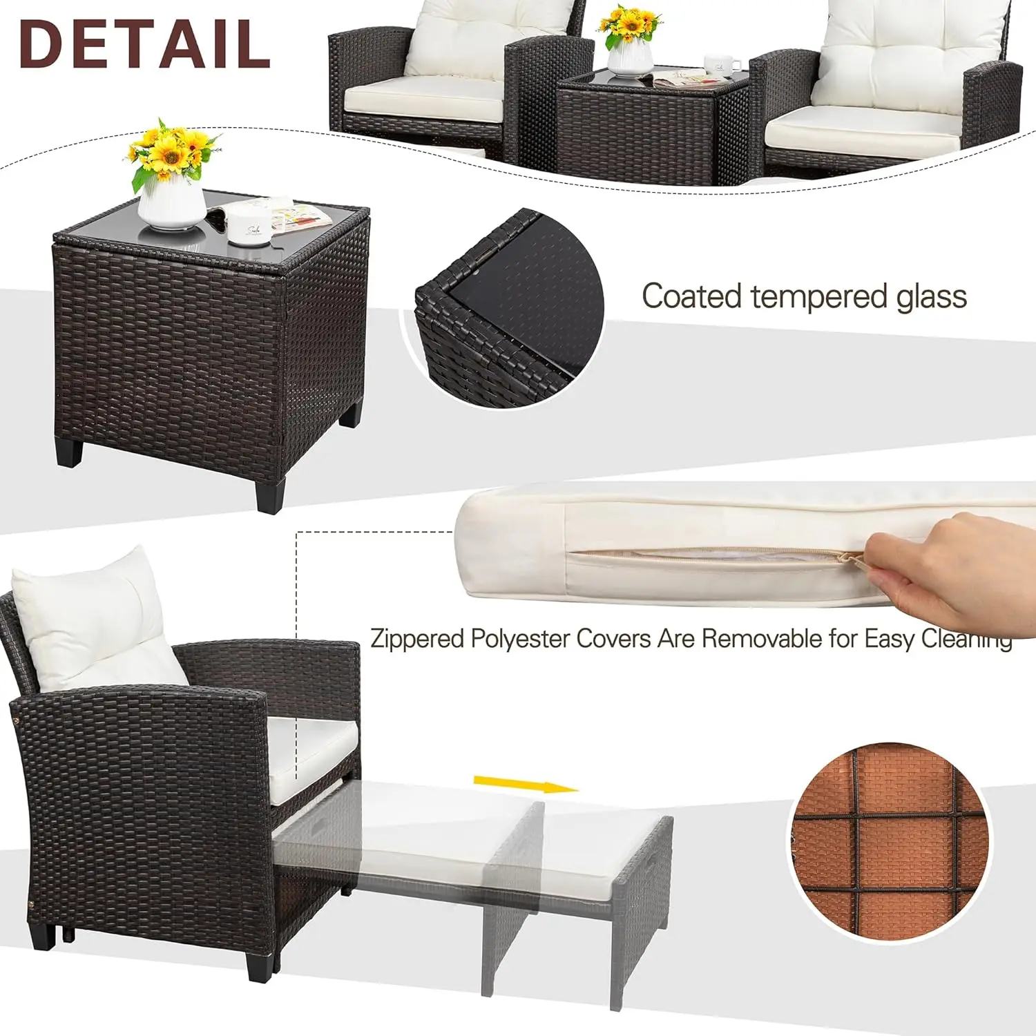 5 Piece Patio Furniture Set, Small Balcony Furniture, PE Wicker Rattan Patio Chairs Set of 2, Outdoor Lounge Chairs with