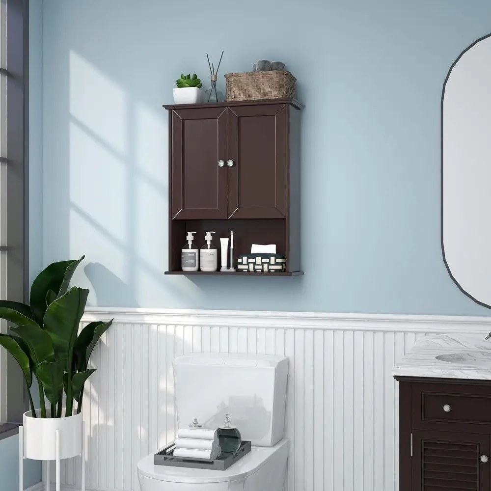 Bathroom Wall Cabinet Expresso Over Toilet Storage - 24x30 in Above Toilet Wood Medicine Cabinet with Adjustable Shelf & 2 Door