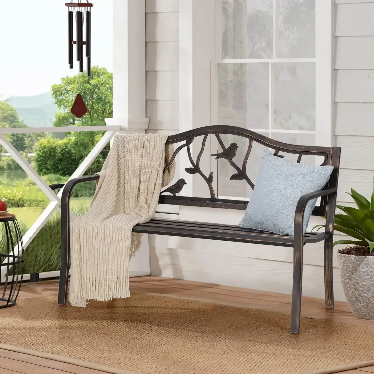 Outdoor Bench, Porch Bench, Garden , Wrought Iron Bench, Outdoor  with Backrest and Armrests, Bronze