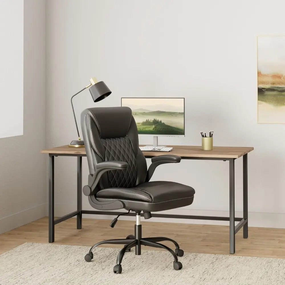 Office Chair, Executive Leather Chair Home Office Desk Chairs, Ergonomic Computer Desk Chair with Adjustable Flip-Up Arms, Lumbe