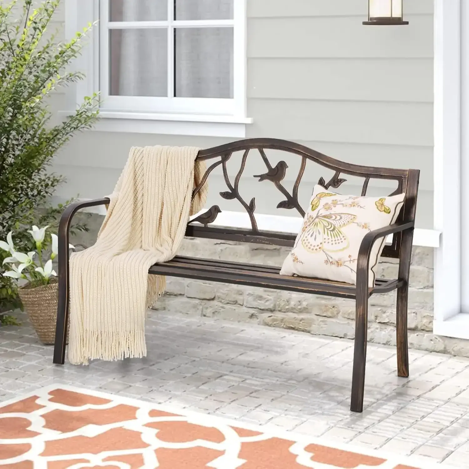 Outdoor Bench, Porch Bench, Garden , Wrought Iron Bench, Outdoor  with Backrest and Armrests, Bronze