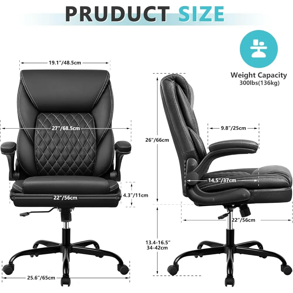 Office Chair, Executive Leather Chair Home Office Desk Chairs, Ergonomic Computer Desk Chair with Adjustable Flip-Up Arms, Lumbe