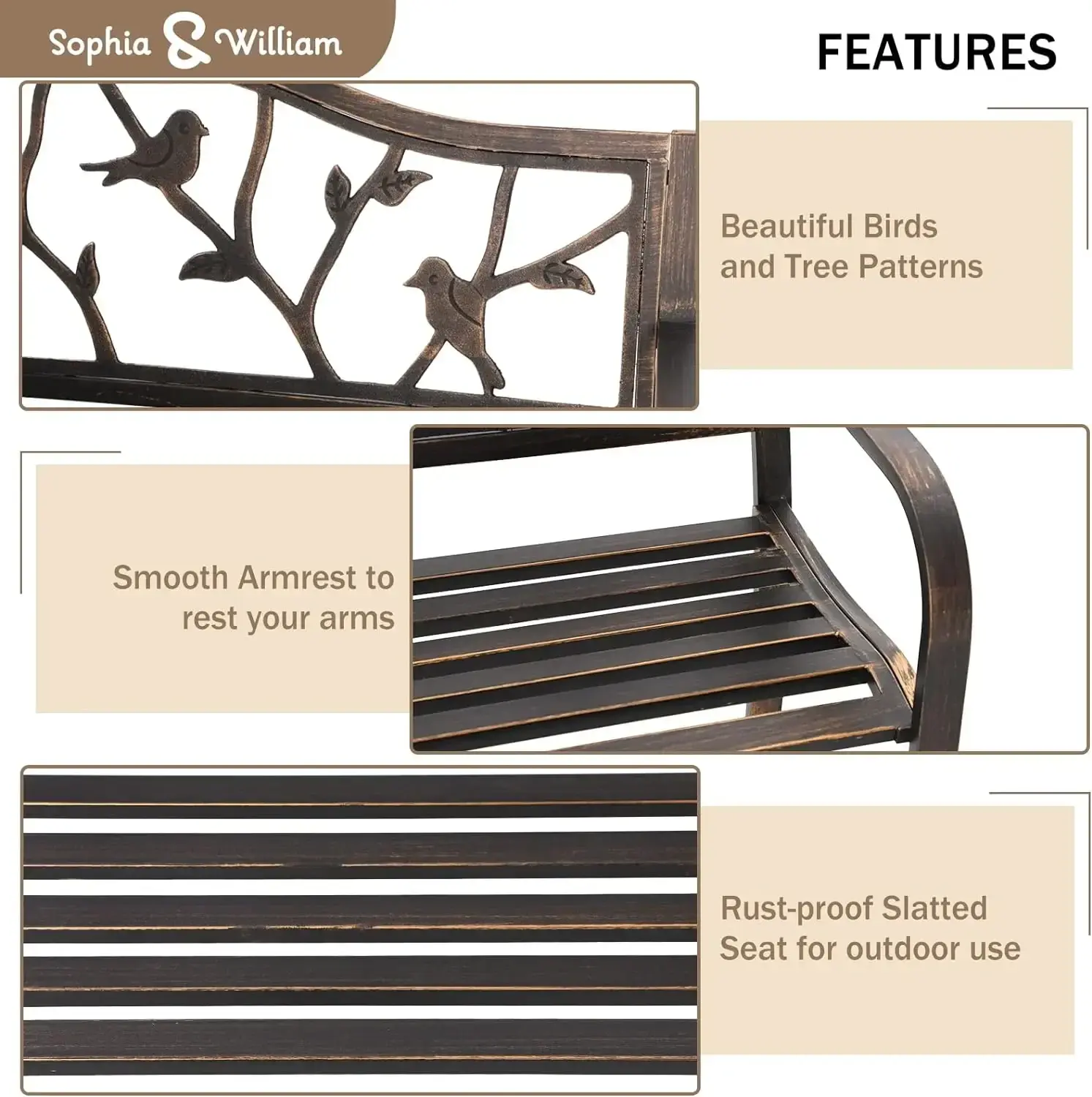 Outdoor Bench, Porch Bench, Garden , Wrought Iron Bench, Outdoor  with Backrest and Armrests, Bronze