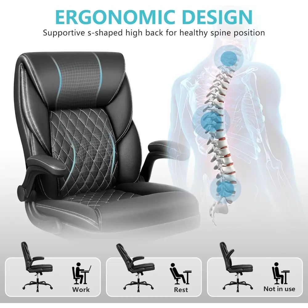 Office Chair, Executive Leather Chair Home Office Desk Chairs, Ergonomic Computer Desk Chair with Adjustable Flip-Up Arms, Lumbe