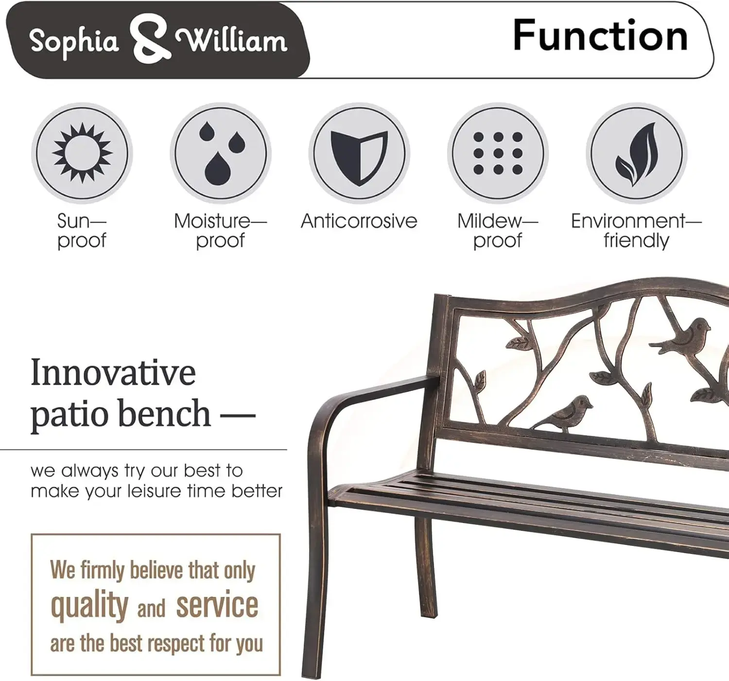 Outdoor Bench, Porch Bench, Garden , Wrought Iron Bench, Outdoor  with Backrest and Armrests, Bronze