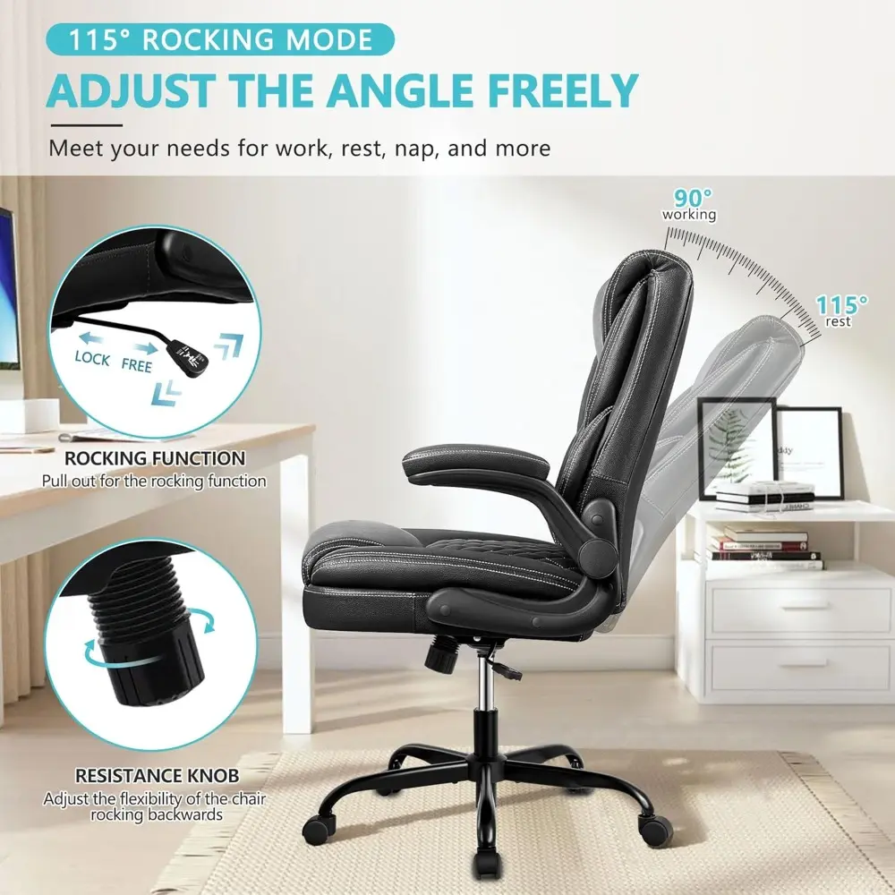Office Chair, Executive Leather Chair Home Office Desk Chairs, Ergonomic Computer Desk Chair with Adjustable Flip-Up Arms, Lumbe