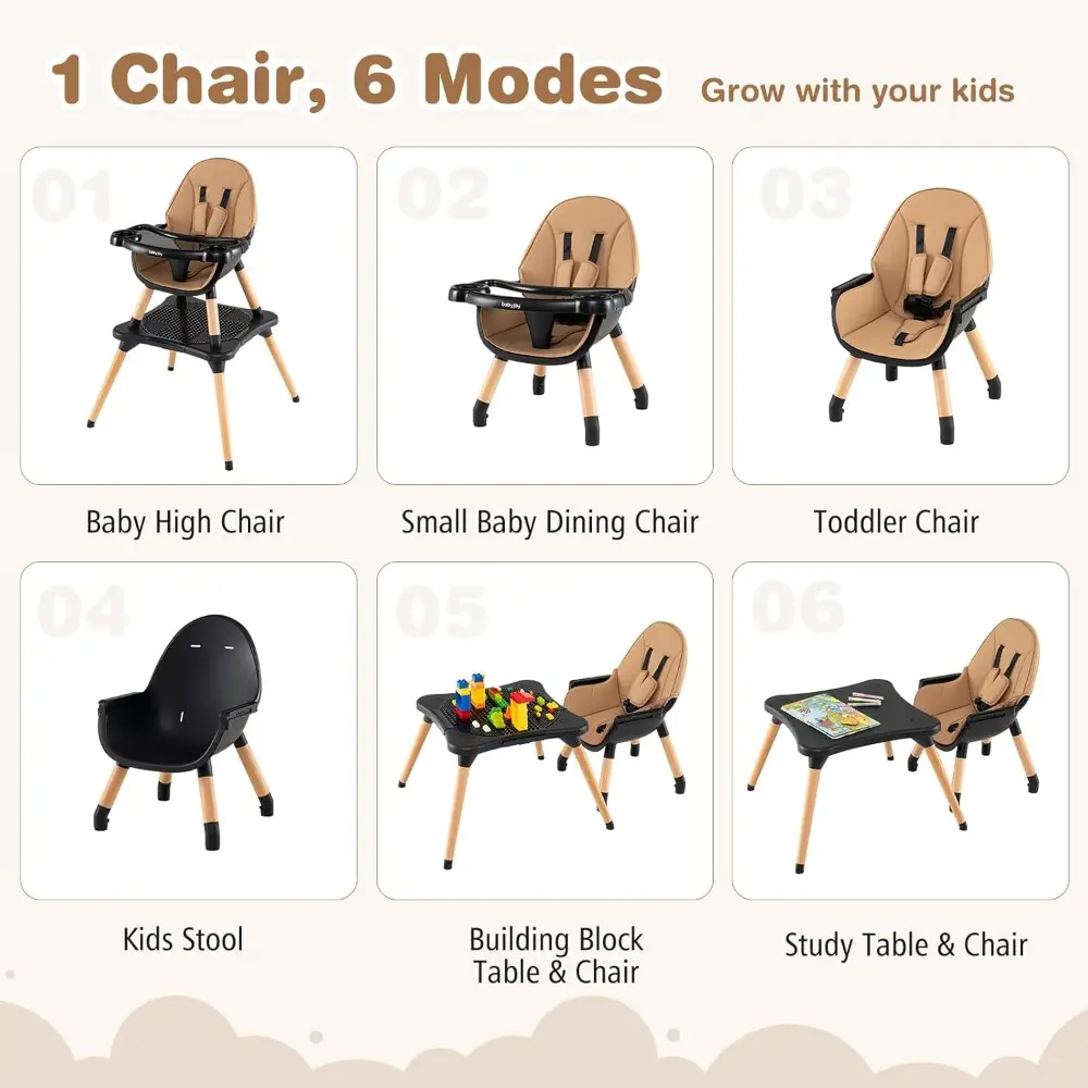6 in 1 High Chair, Convertible High Chairs for Babies and Toddlers/Booster Seat/Table and Chair Set, Infant Wooden Highchair w/