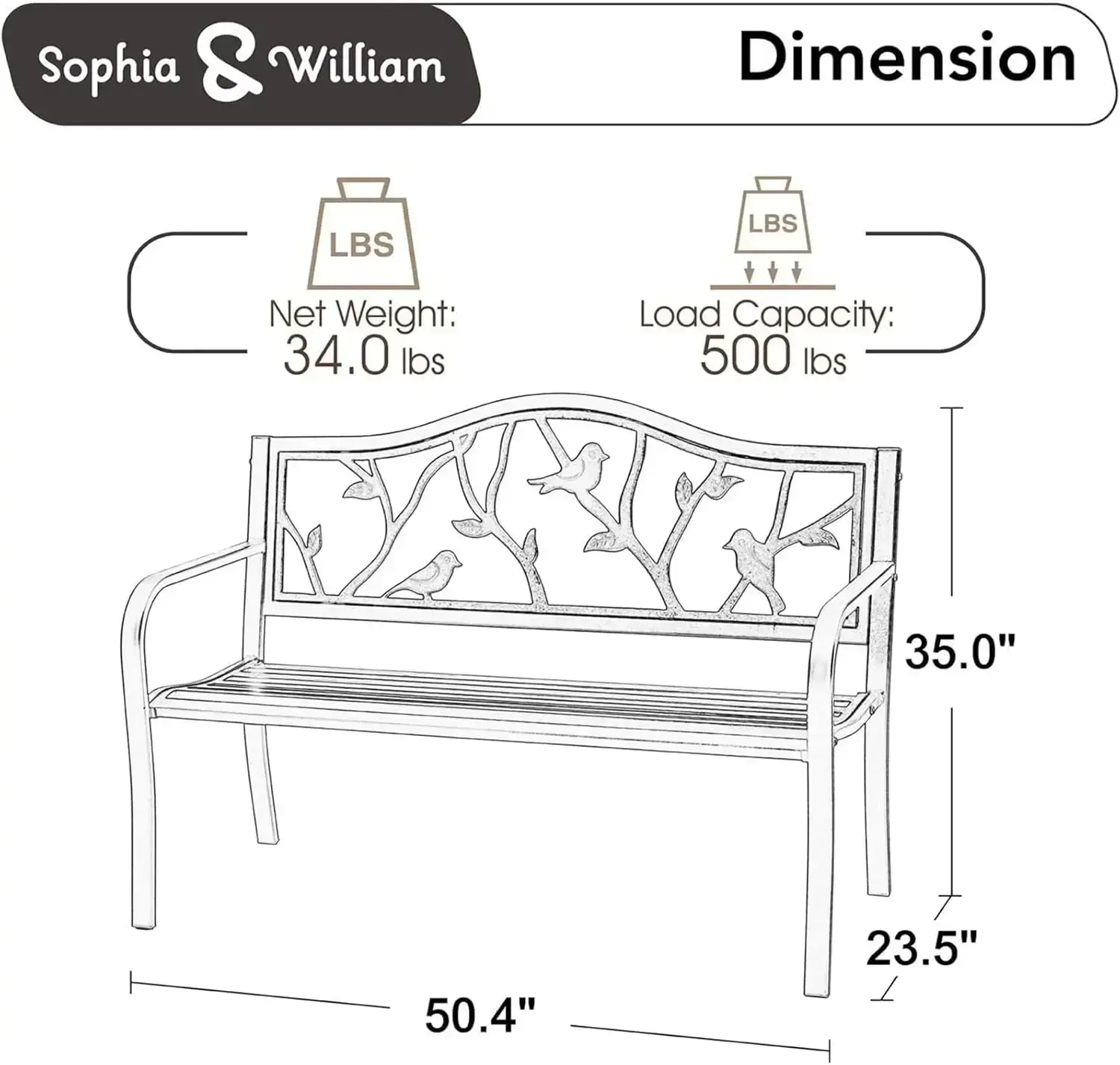 Outdoor Bench, Porch Bench, Garden , Wrought Iron Bench, Outdoor  with Backrest and Armrests, Bronze