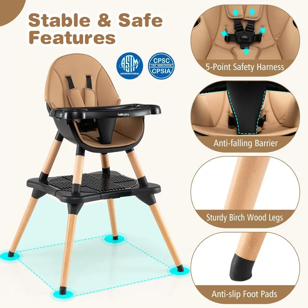 6 in 1 High Chair, Convertible High Chairs for Babies and Toddlers/Booster Seat/Table and Chair Set, Infant Wooden Highchair w/