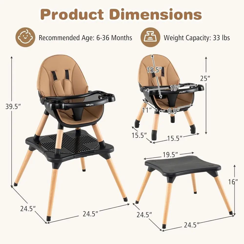 6 in 1 High Chair, Convertible High Chairs for Babies and Toddlers/Booster Seat/Table and Chair Set, Infant Wooden Highchair w/