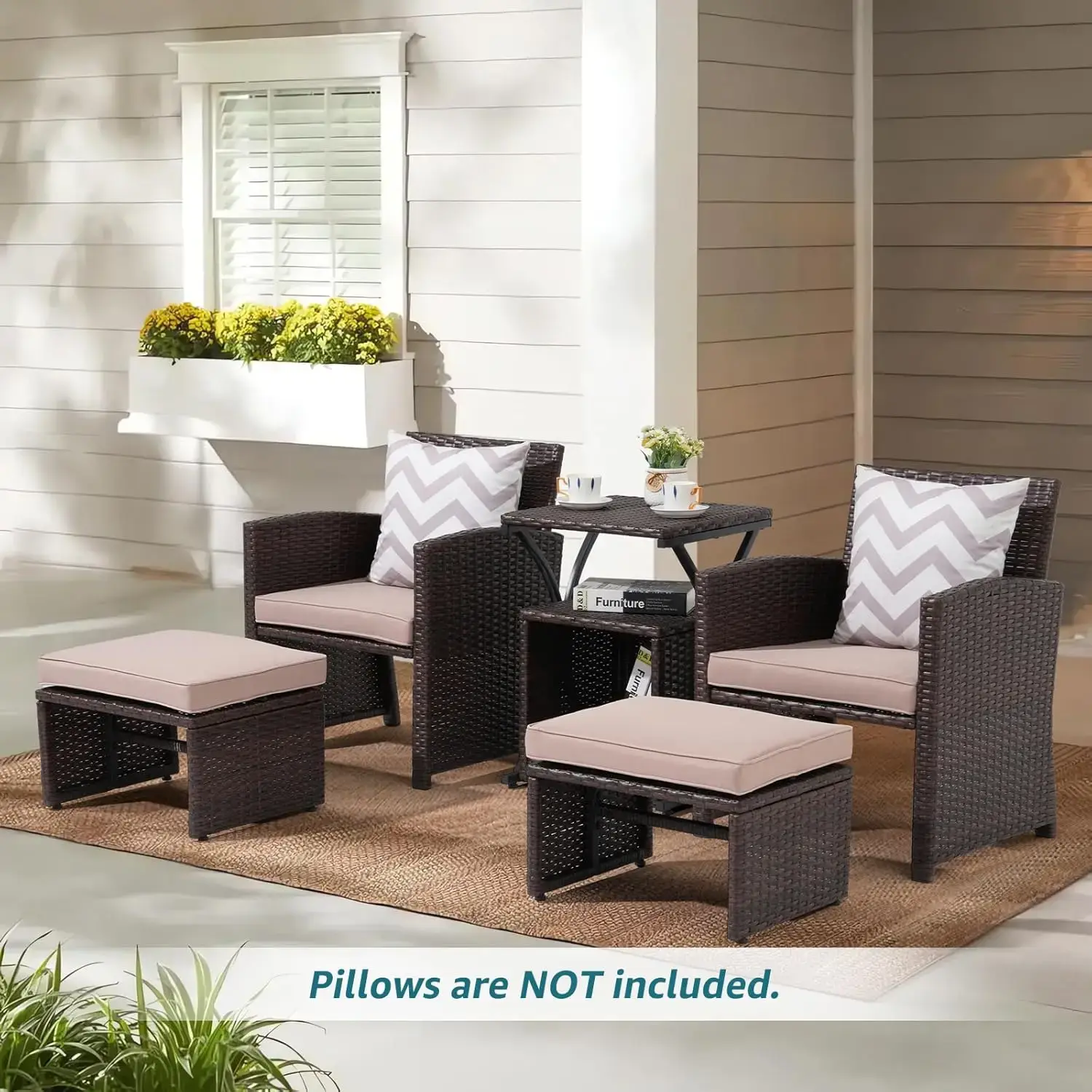6 Piece Patio Wicker Furniture Set, Balcony All Weather Rattan Chair, with Space Saving Ottoman, Resin Nesting Coffee Table,