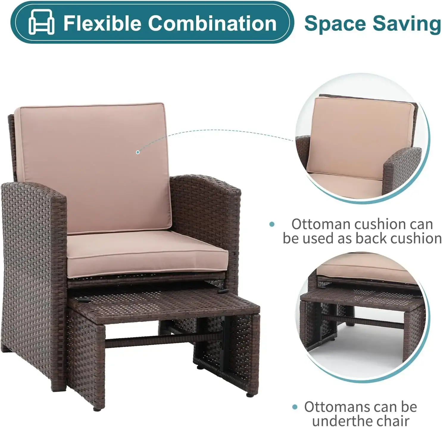 6 Piece Patio Wicker Furniture Set, Balcony All Weather Rattan Chair, with Space Saving Ottoman, Resin Nesting Coffee Table,