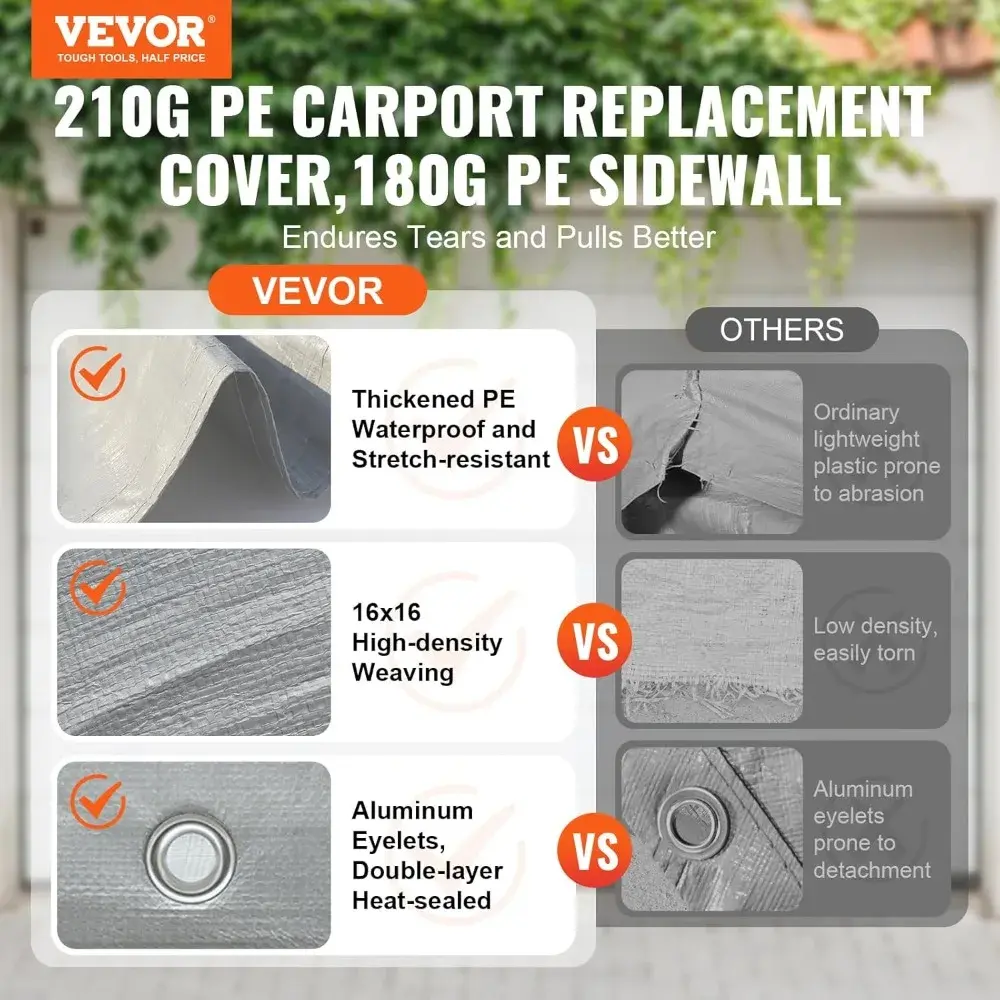 Carport Replacement Canopy Cover Top + Side Wall 12 x 20 ft, Garage Tent Shelter Tarp Heavy-Duty Waterproof & UV Protected, Eas