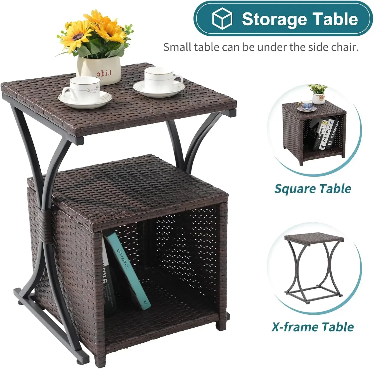 6 Piece Patio Wicker Furniture Set, Balcony All Weather Rattan Chair, with Space Saving Ottoman, Resin Nesting Coffee Table,