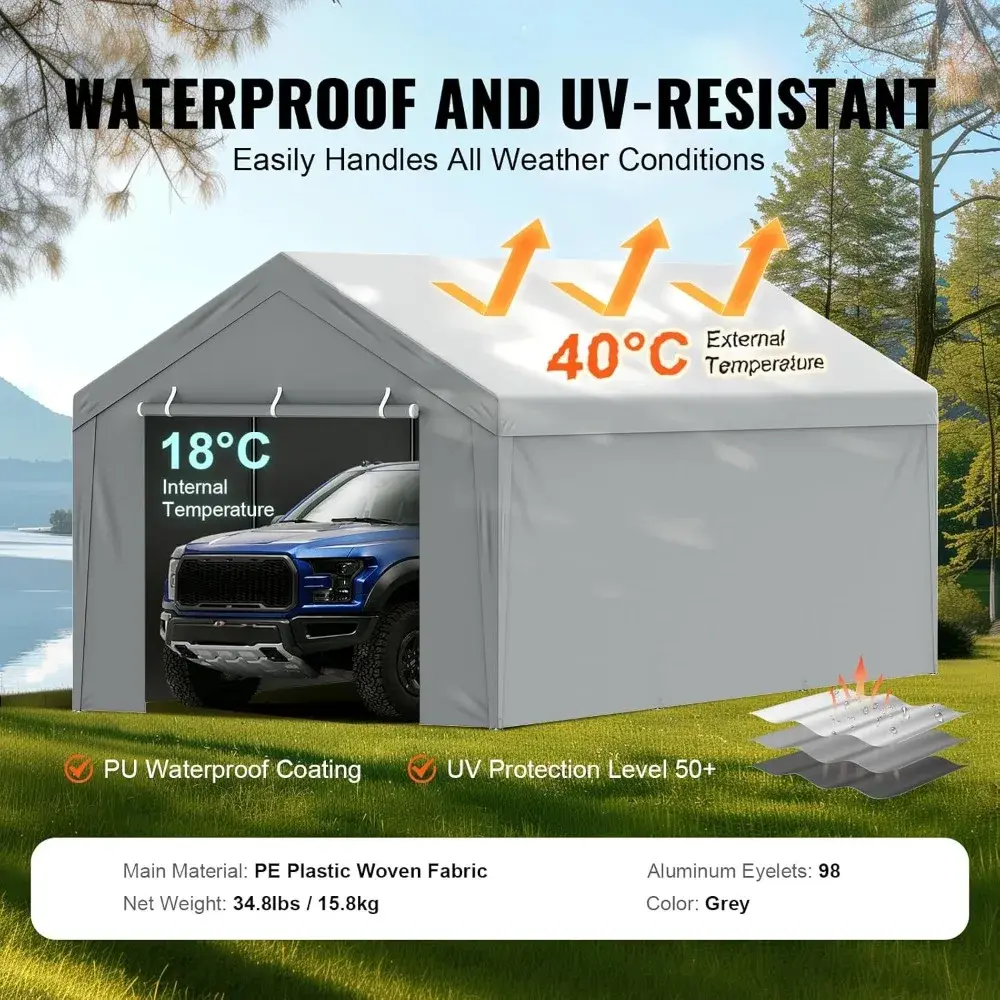 Carport Replacement Canopy Cover Top + Side Wall 12 x 20 ft, Garage Tent Shelter Tarp Heavy-Duty Waterproof & UV Protected, Eas
