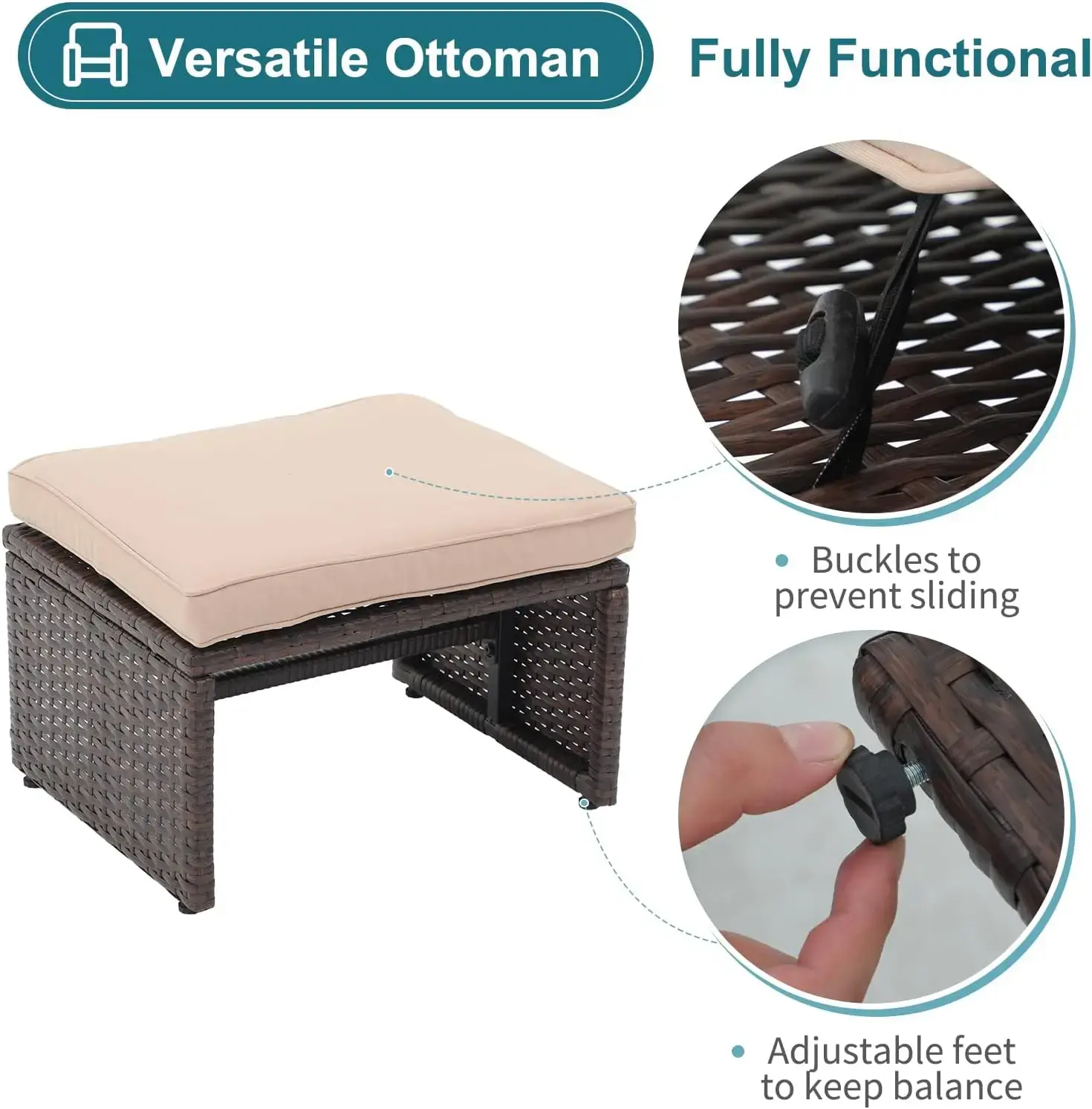 6 Piece Patio Wicker Furniture Set, Balcony All Weather Rattan Chair, with Space Saving Ottoman, Resin Nesting Coffee Table,