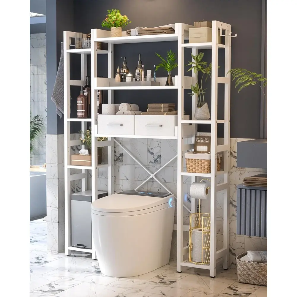 Over The Toilet Storage with 2 Drawers - 11 Tier Bathroom Organizer Freestanding Space Saver Storage Rack with Adjustable Shelf