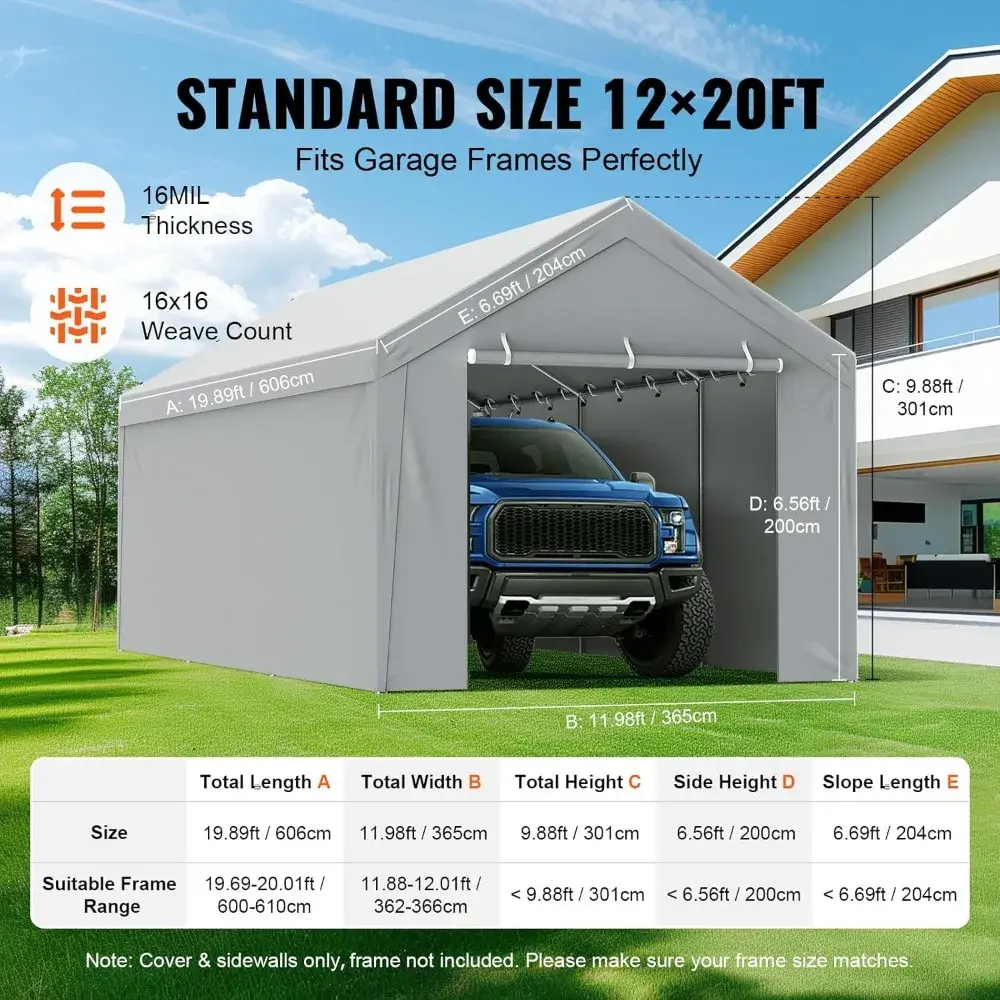 Carport Replacement Canopy Cover Top + Side Wall 12 x 20 ft, Garage Tent Shelter Tarp Heavy-Duty Waterproof & UV Protected, Eas
