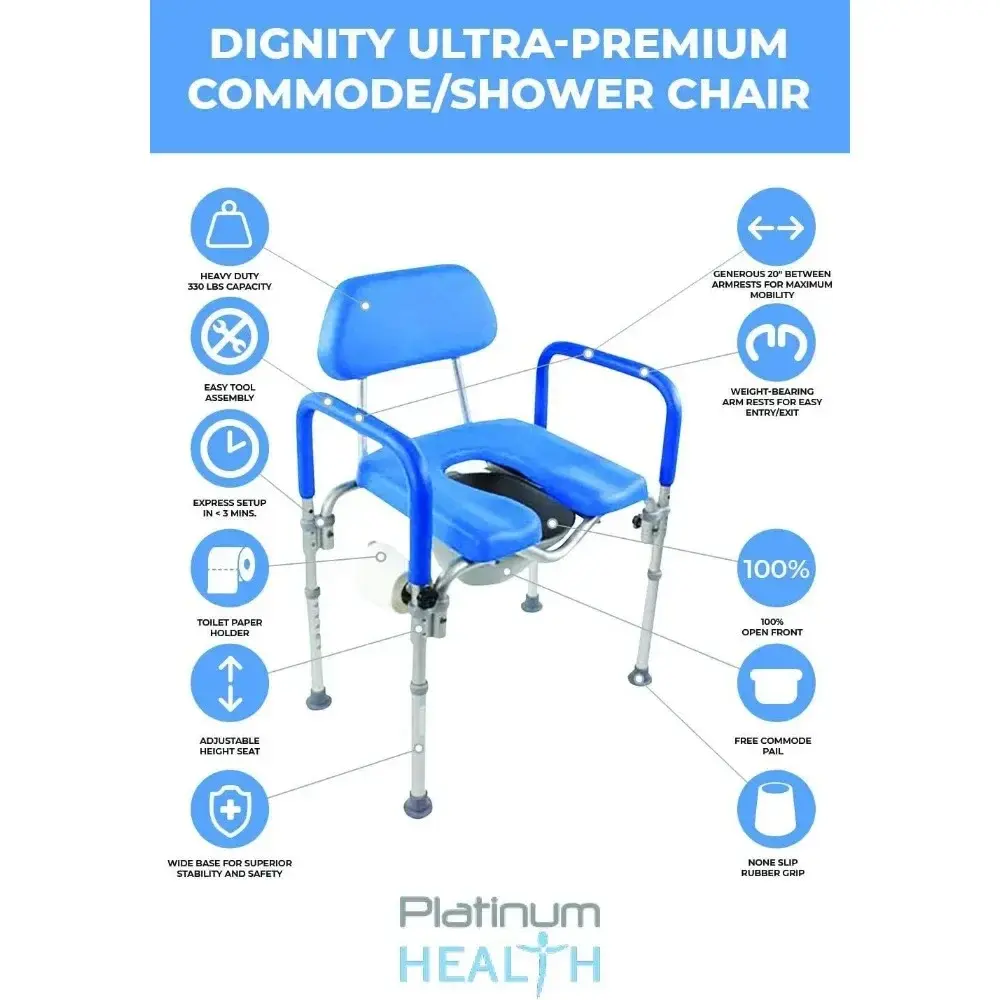 Dignity Ultra-Premium Padded Commode Shower Chair, Comfortable Raised Toilet Seat with Padded Arm Handles and Backrest, for Seni