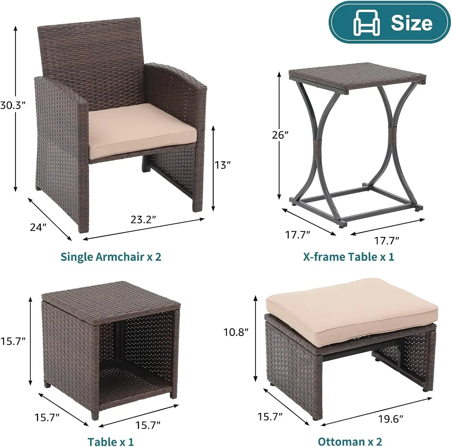 6 Piece Patio Wicker Furniture Set, Balcony All Weather Rattan Chair, with Space Saving Ottoman, Resin Nesting Coffee Table,