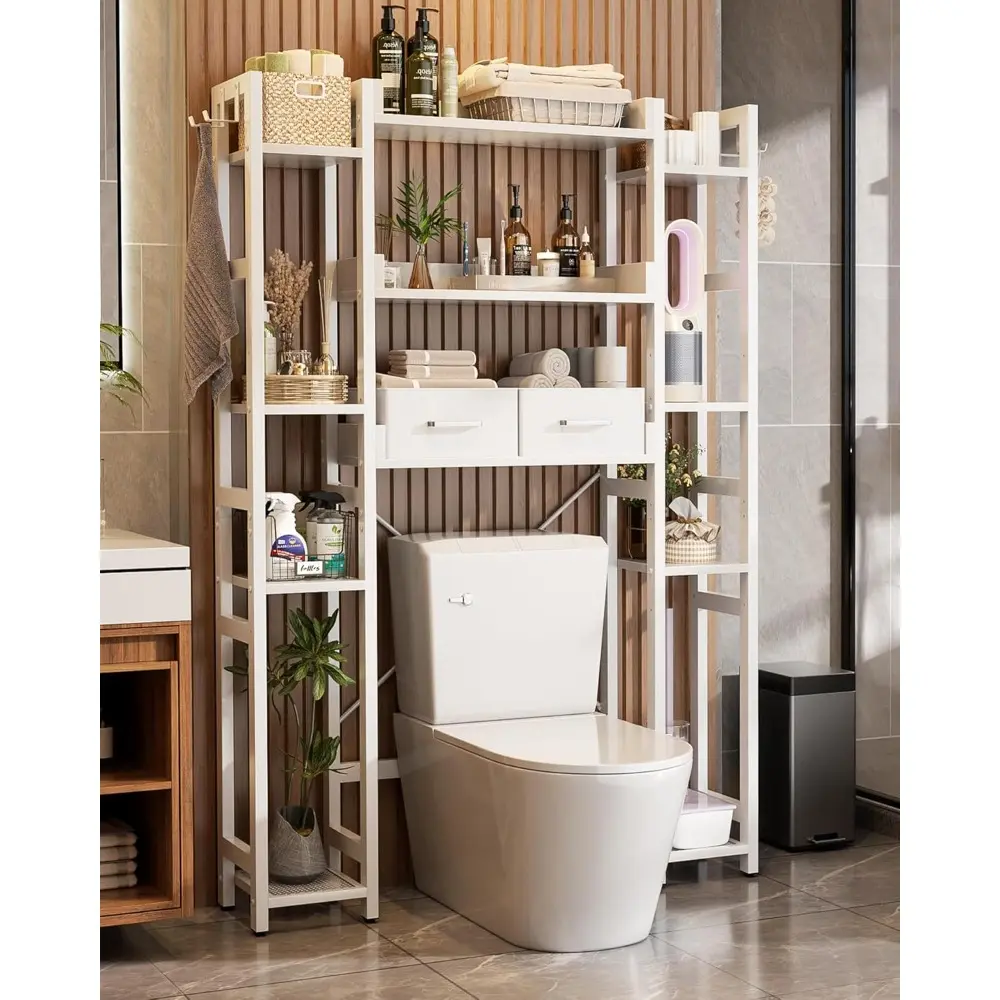 Over The Toilet Storage with 2 Drawers - 11 Tier Bathroom Organizer Freestanding Space Saver Storage Rack with Adjustable Shelf