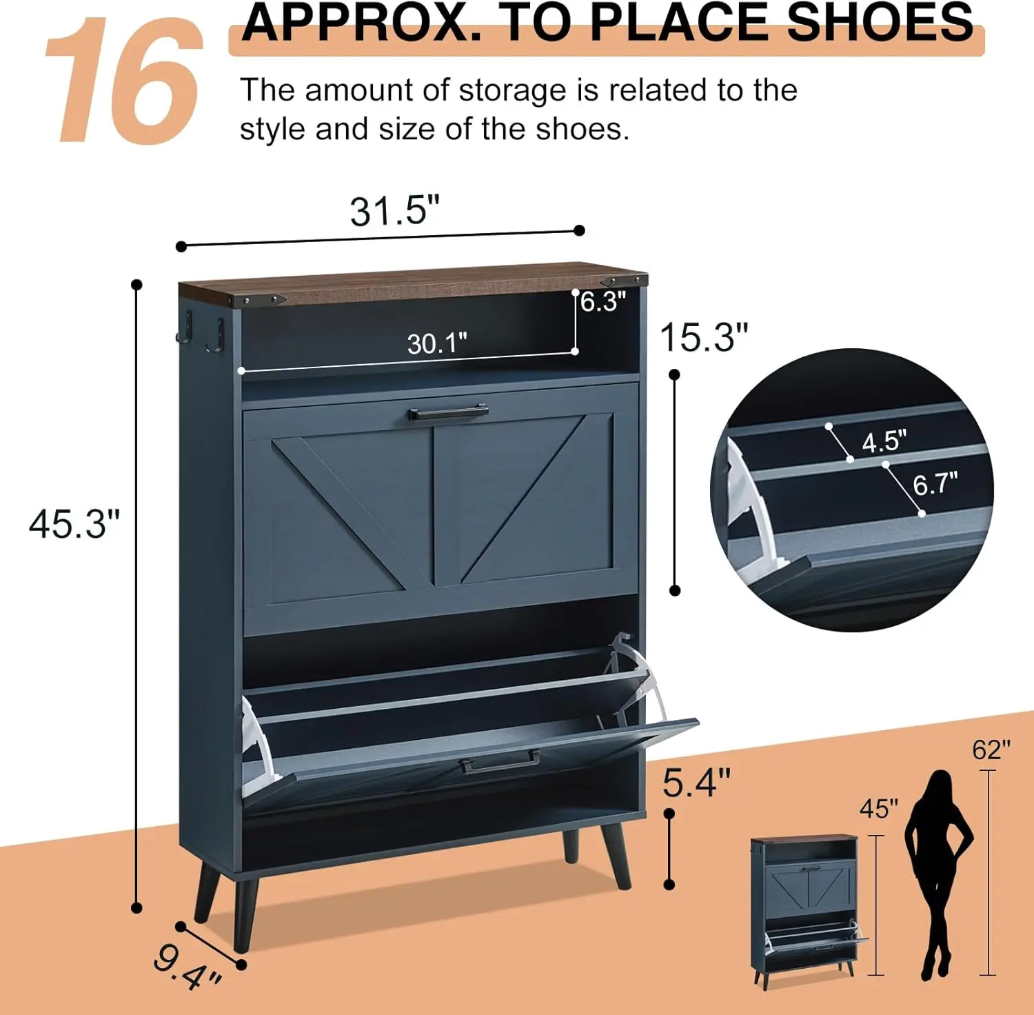 Shoe Storage Cabinet,Farmhouse Shoe Organizer with 2 Flip Drawers & Barn Door Design,Freestanding Hidden Slim Narrow Shoe