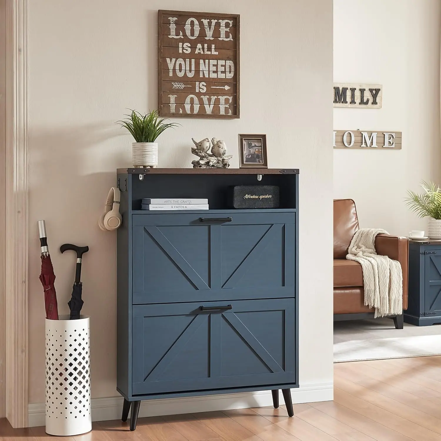 Shoe Storage Cabinet,Farmhouse Shoe Organizer with 2 Flip Drawers & Barn Door Design,Freestanding Hidden Slim Narrow Shoe