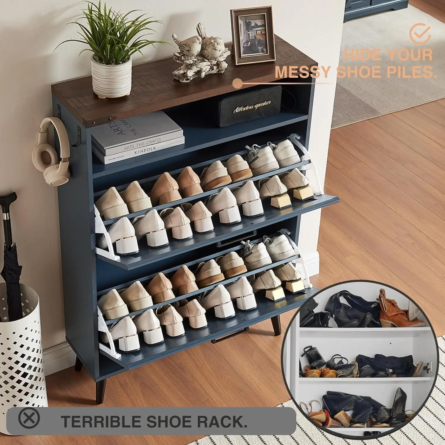 Shoe Storage Cabinet,Farmhouse Shoe Organizer with 2 Flip Drawers & Barn Door Design,Freestanding Hidden Slim Narrow Shoe
