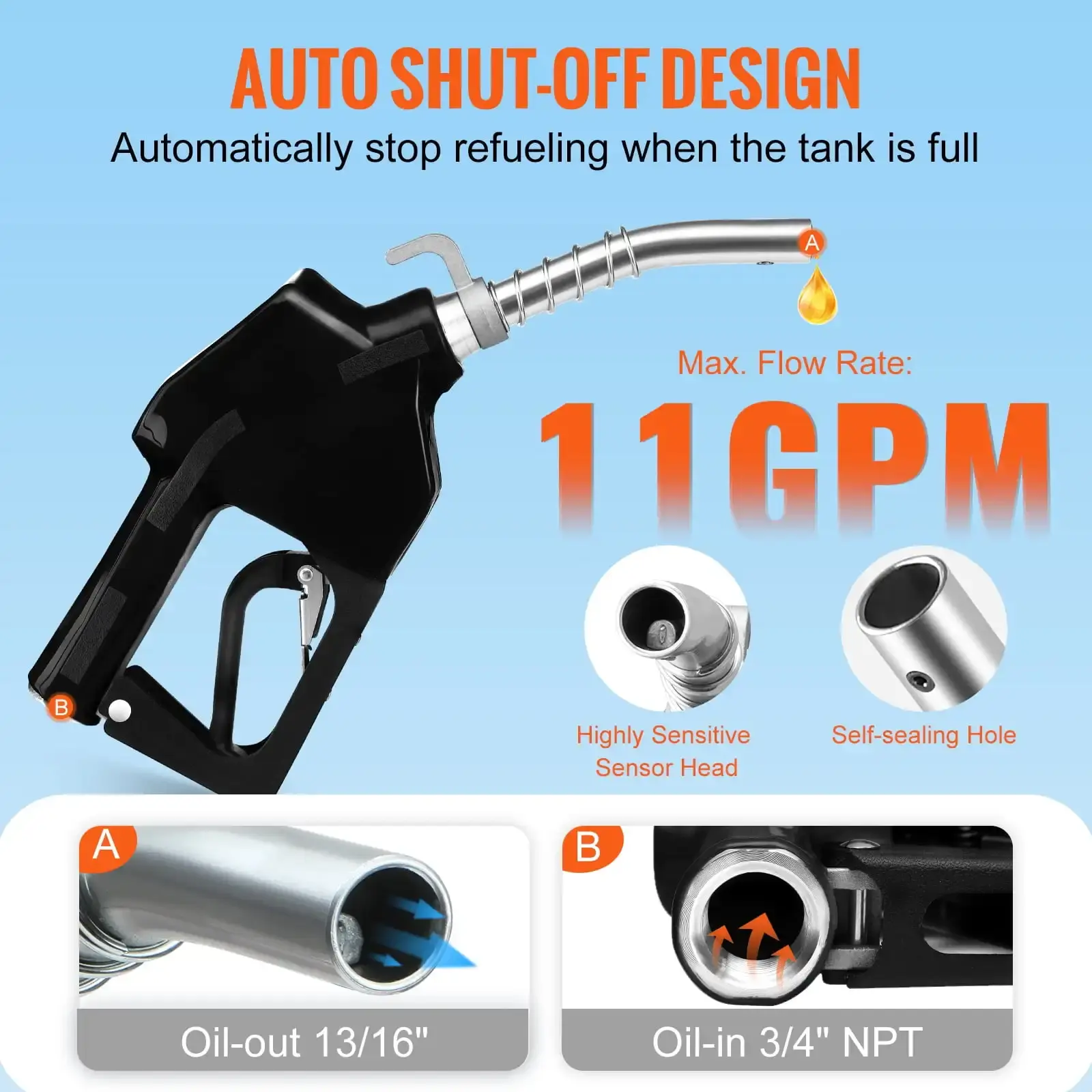 Automatic Fuel Nozzle Shut Off Fuel Refilling 3/4" NPT 13/16" Spout Diesel