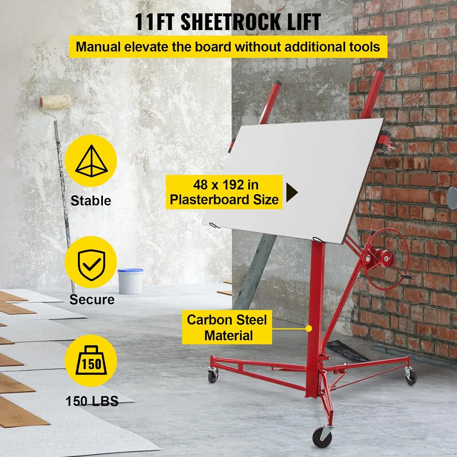 Drywall Rolling Lifter Panel, 11ft Sheetrock Lift, 150lb Weight Capacity Panel Hoist Jack Tool, 48x192 in Plasterboard Size