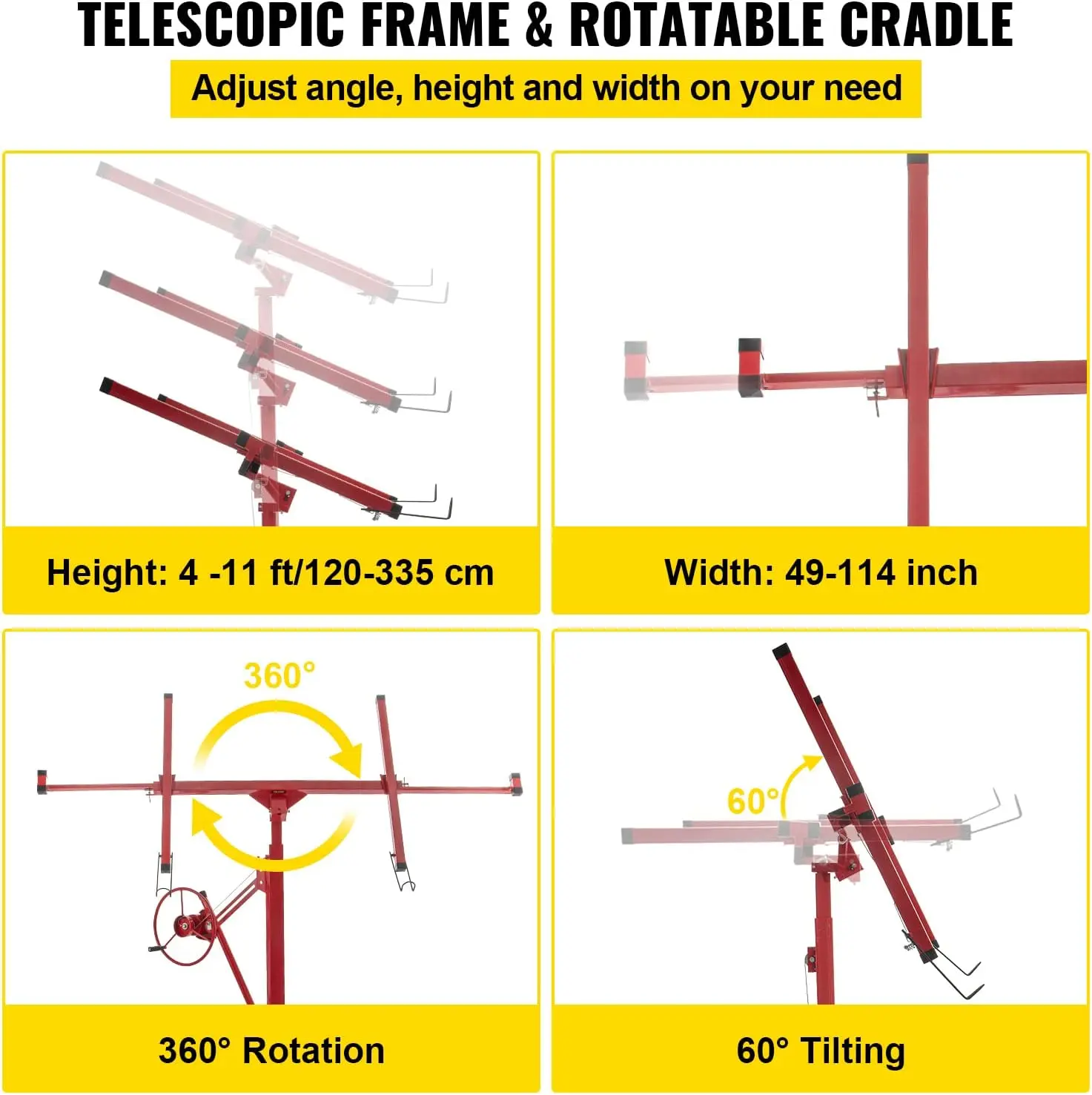 Drywall Rolling Lifter Panel, 11ft Sheetrock Lift, 150lb Weight Capacity Panel Hoist Jack Tool, 48x192 in Plasterboard Size